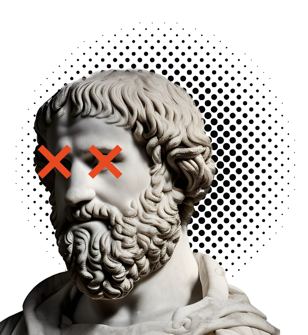 Grafische Illustration mit klassischer Büste und orangen Akzenten